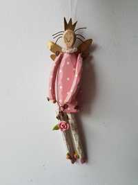 Drewniana zawieszka wróżka księżniczka w różowej sukience23cm HandMade