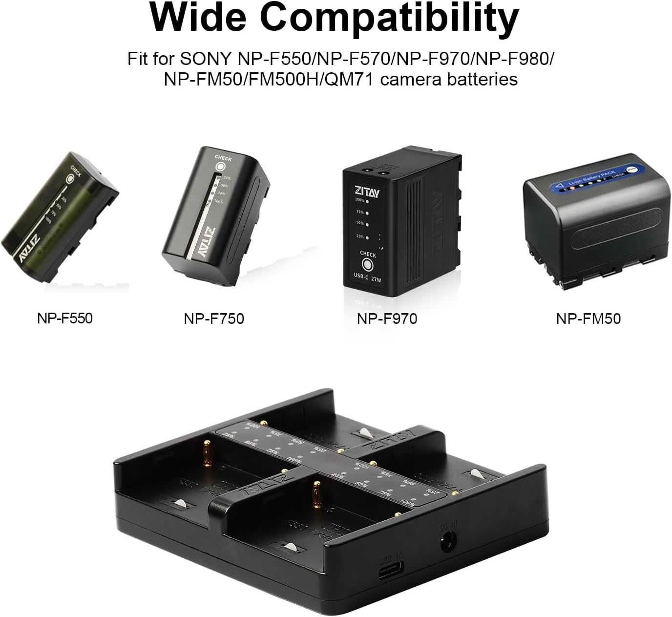 ZITAY NP-F ładowarka 4-kanałowa QC PD szybkie ładowanie Sony NP-F550