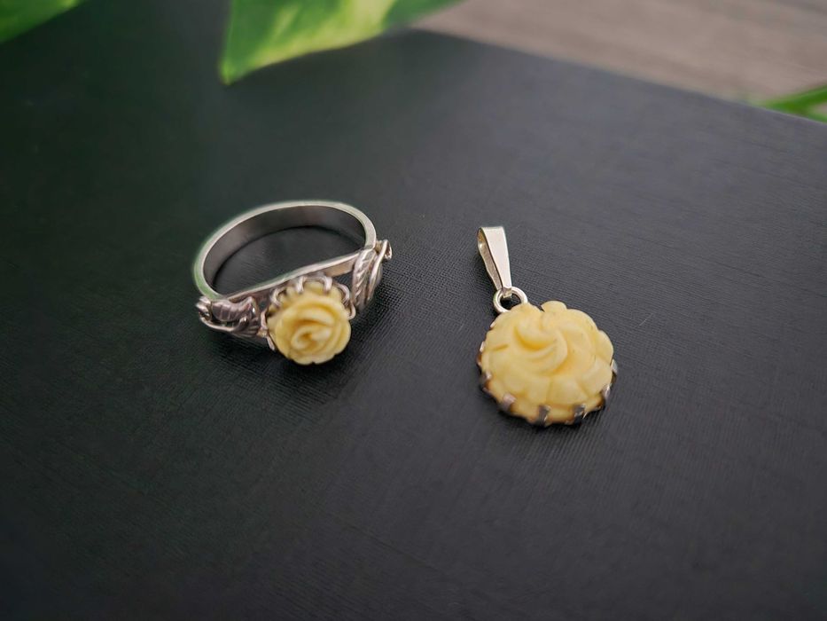 Komplet zawieszka+pierścionek bursztyn srebro