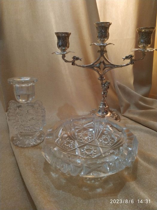 Пепельница хрустальная. Подсвечник Гусь Хрустальный.Канделябр бронза.