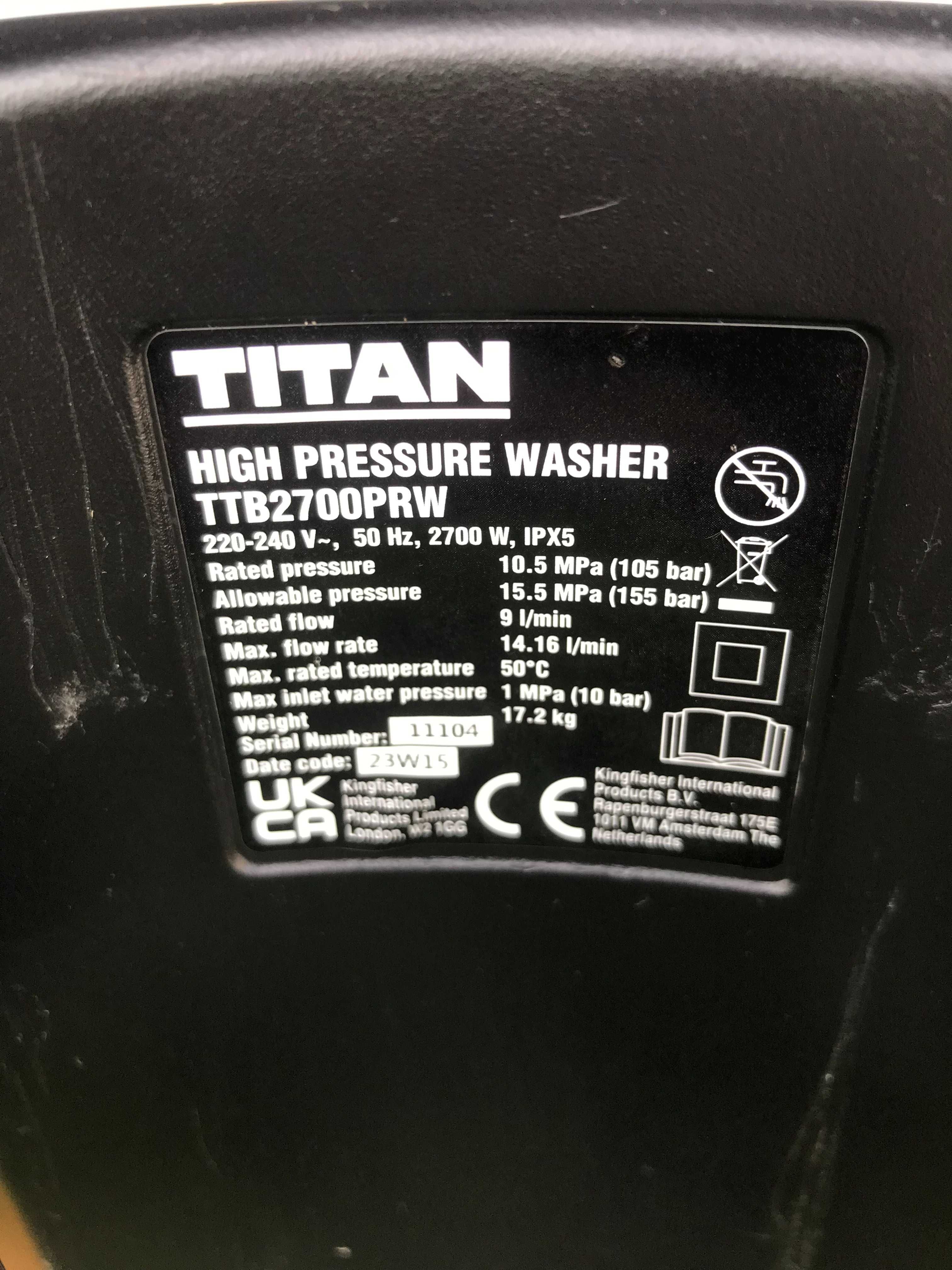 Мийка високого тиску Titan TTB2700PRW, 2,7 кВт., 850 л/год. з Англії