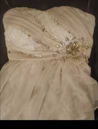 Elegancka sukienka kremowa kryształki wesele cywilny M