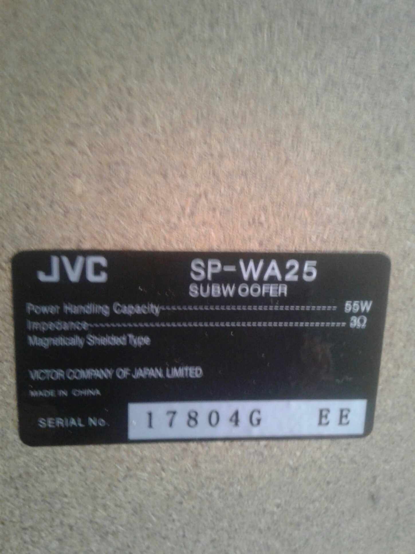 JVS Subwoofer SP- WA25 55 W 3 OM Japan United