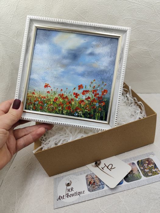 Подарунок до свята, картина олійними фарбами 17х17см в рамці, маки.