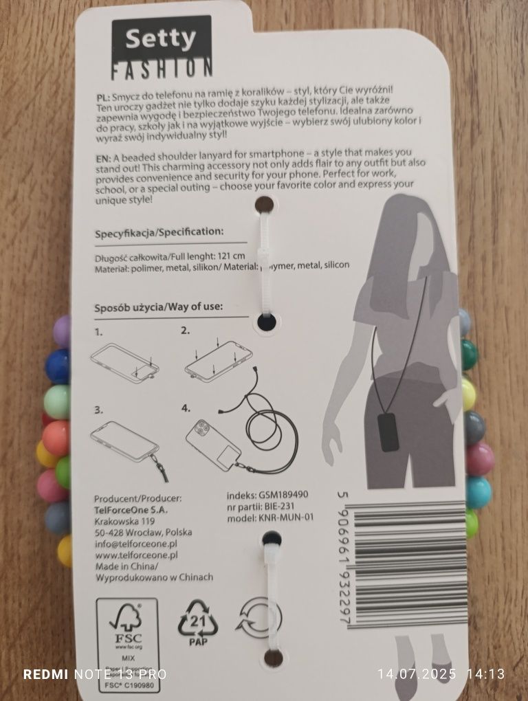 Zawieszka,sznurek,koraliki smycz Setty do telefonu