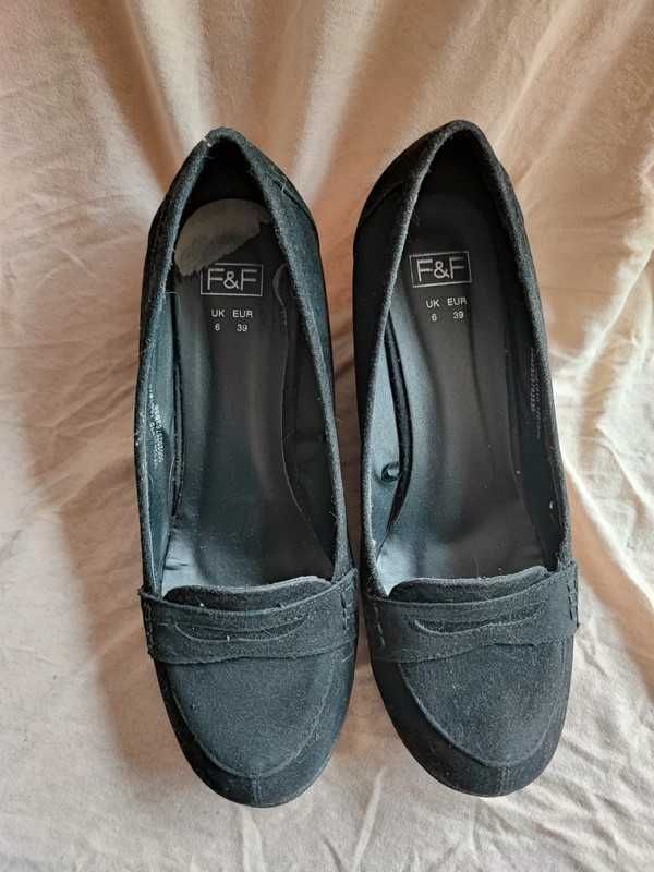 Buty koturny czarne F&F rozmiar 39, mokasyny na koturnie