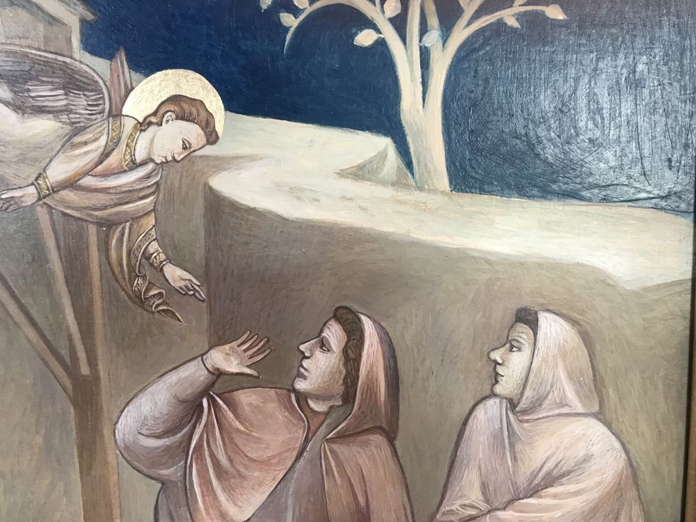 Boże narodzenie - obraz na desce.Transpozycja malarska fresku Giotto’a