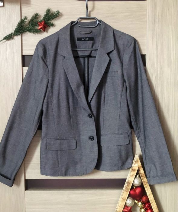 Szary, elegancki żakiet damski, marynarka, delikatna kratka OPUS, 40 L