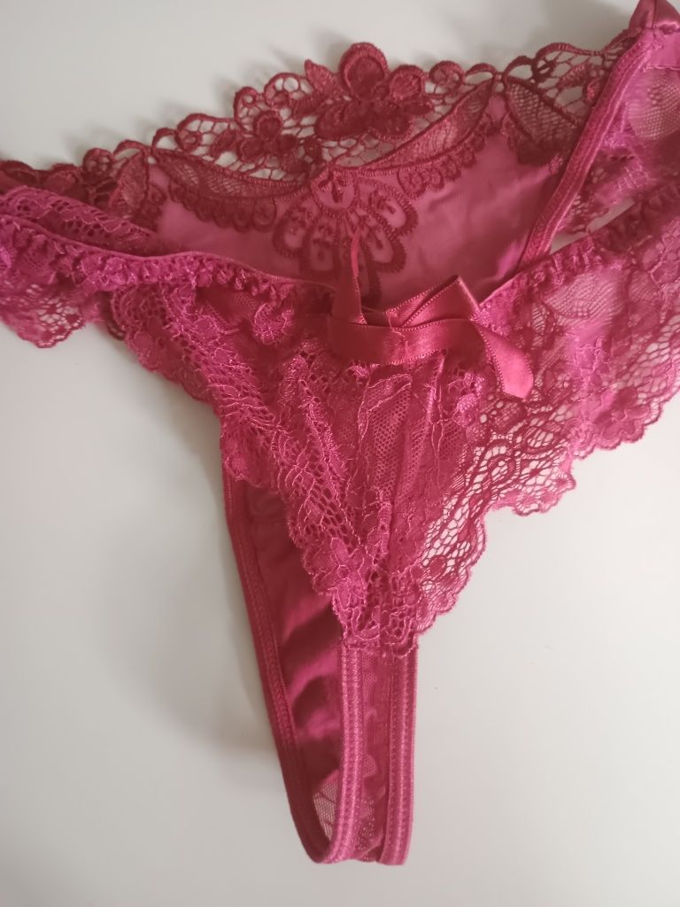 Cudne różowe sexy stringi 38 40 różowe koronka