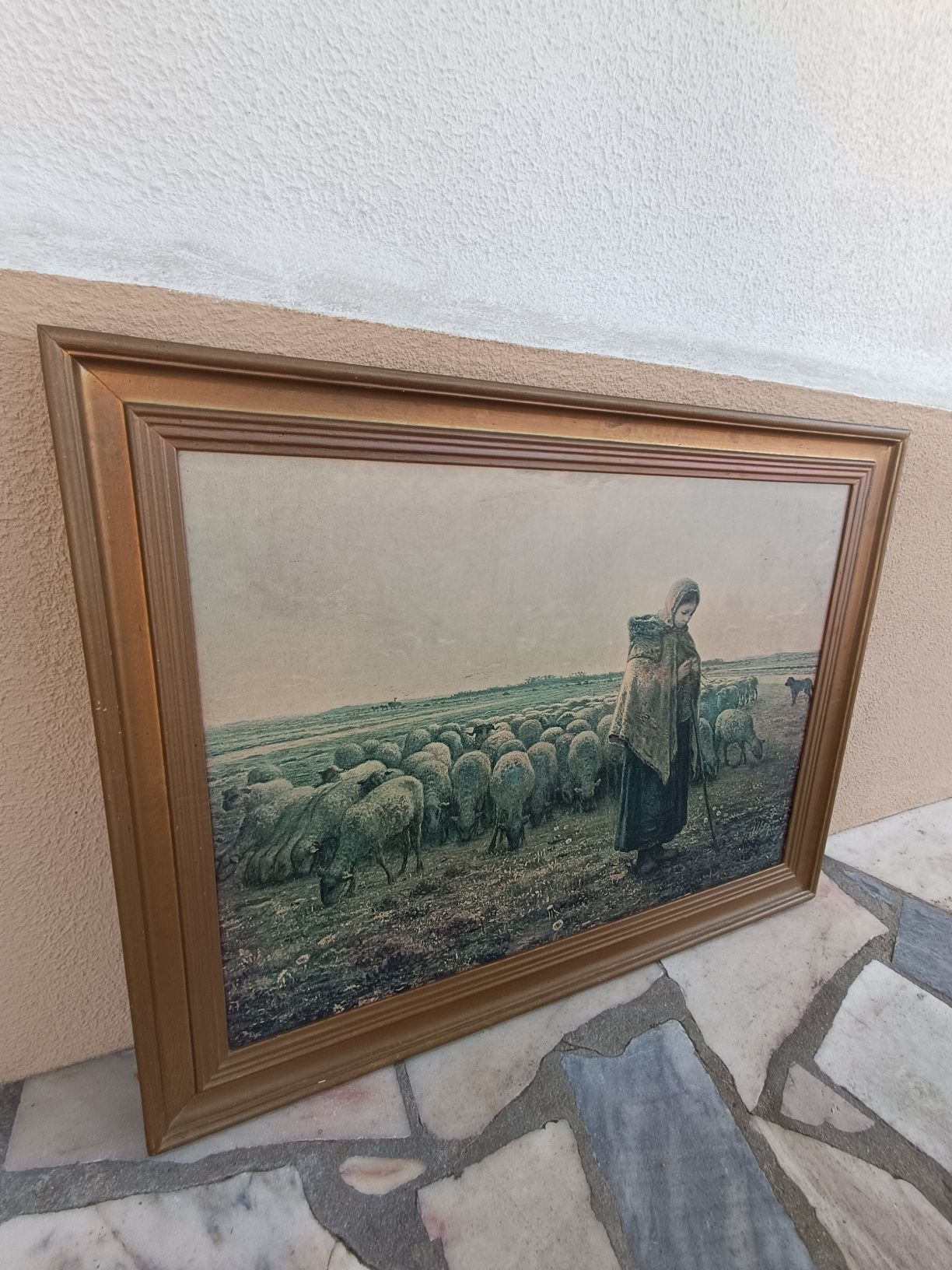 Quadro antigo impresso "A pastora com o seu rebanho"