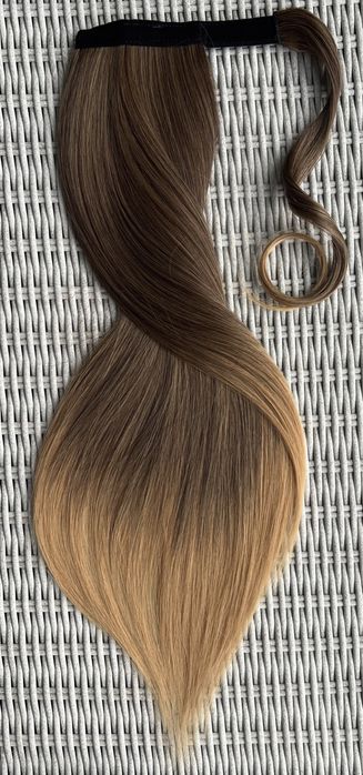 Premium Ultra włosy doczepiane, szatyn / blond / ombre, kucyk