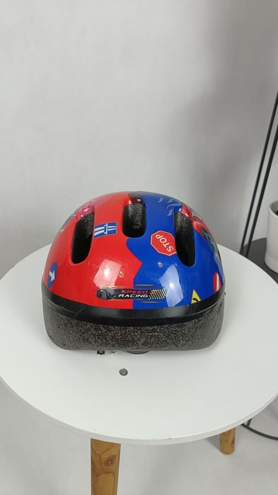 Kolorowy chłopięcy niebieski czerwony kask rowerowy Meteor roz. XS