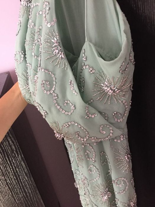 Sukienka wesele elegancka midi Asos turkusowa zielona zdobiona 38