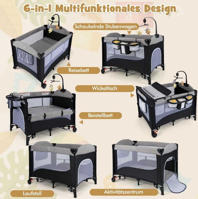 Łóżeczko turystyczne Costway Park z materacem – szary, 76x110 cm