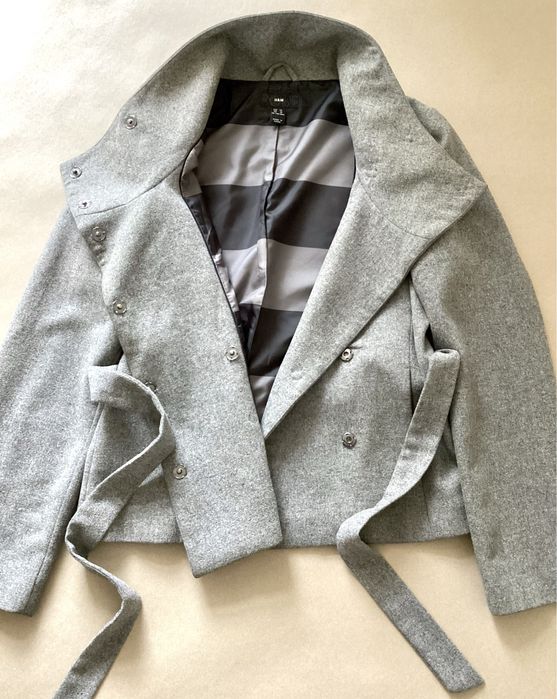 Płaszcz z wiązaniem szary wełniany rozmiar XL 42 H&M