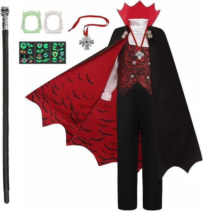 STRÓJ halloween przebranie wampir DRACULA 134-140 cm akcesoria K571