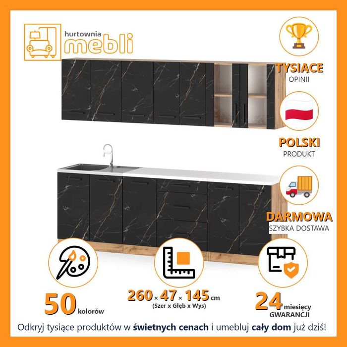 Meble Kuchenne Remino 2.6m Kuchnia Modułowa Z Blatem Nowoczesna Czarna