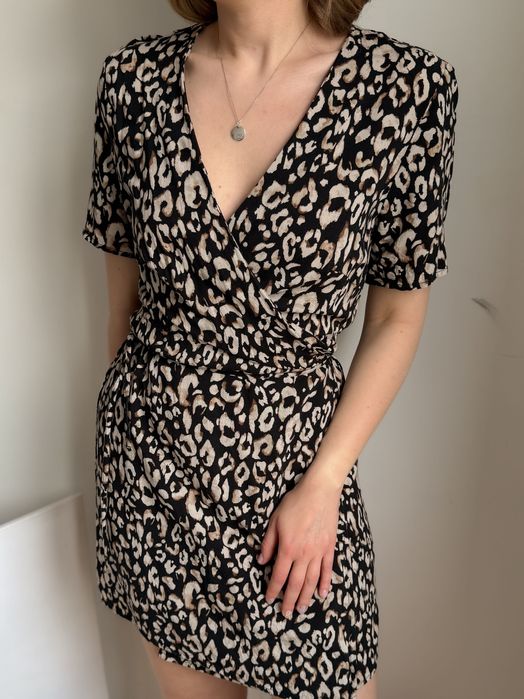 Sukienka kopertowa 100% wiskoza H&M panterka czarna beżowa wiązana 40