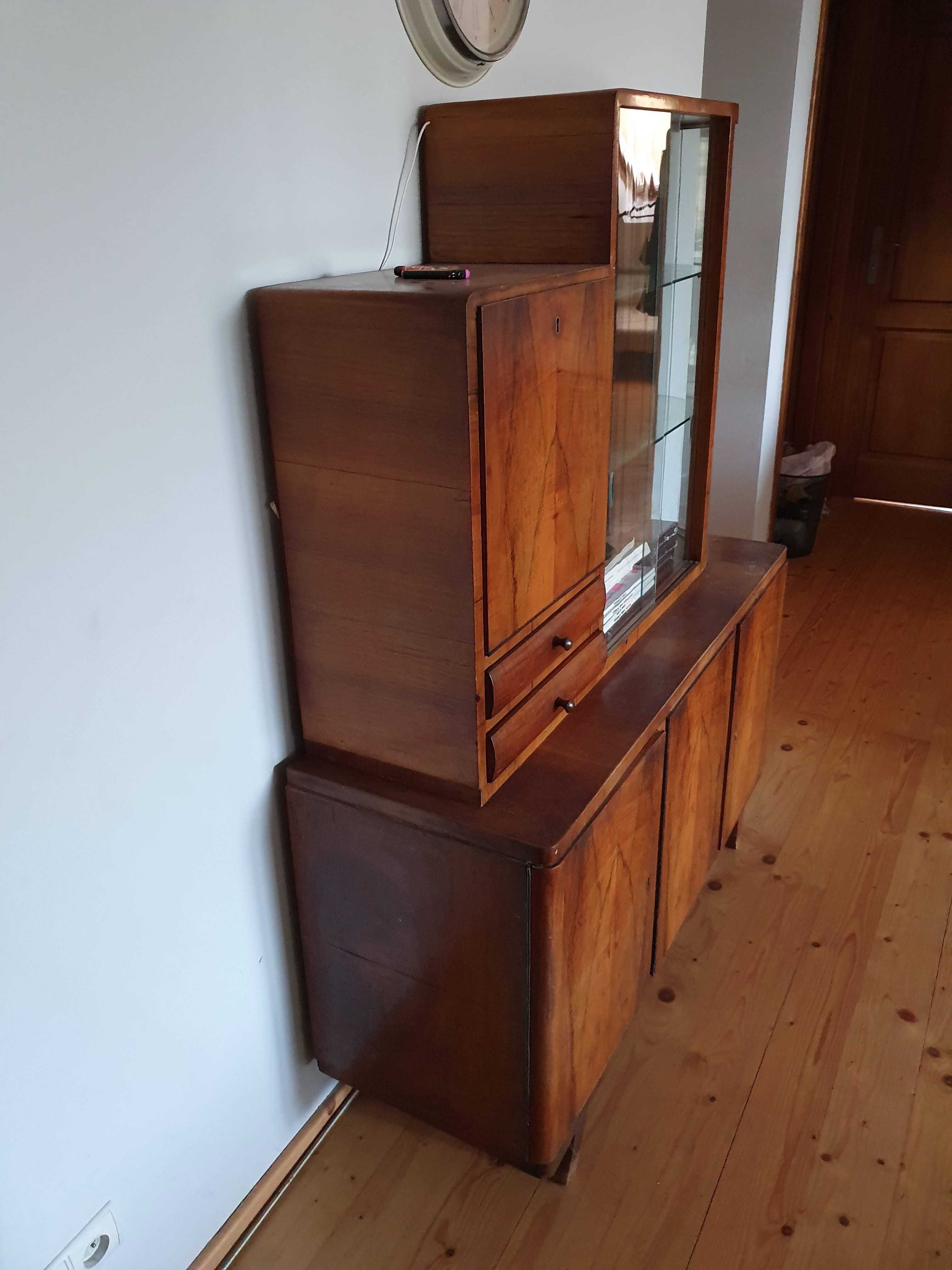 Fornirowany kredens z nadstawką, regał, witryna, PRL, midcentury
