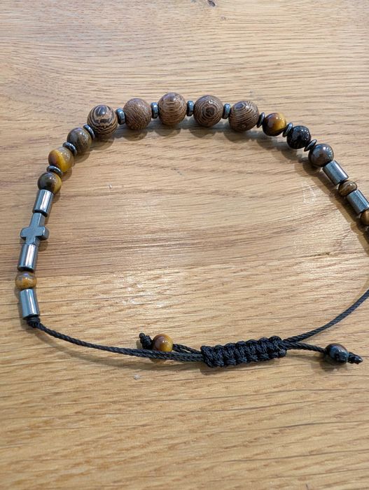 Męska bransoletka sznurkowa z drewna Wenge, Hematytu, Tygrysie oko
