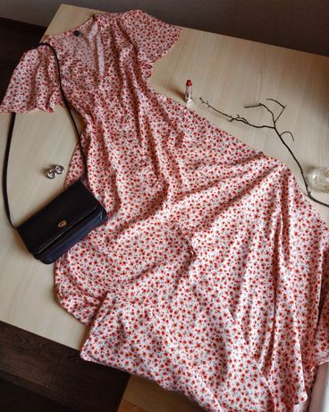 Платье на пуговицах длинное розовое вискоза в цветочек пышное лето xl