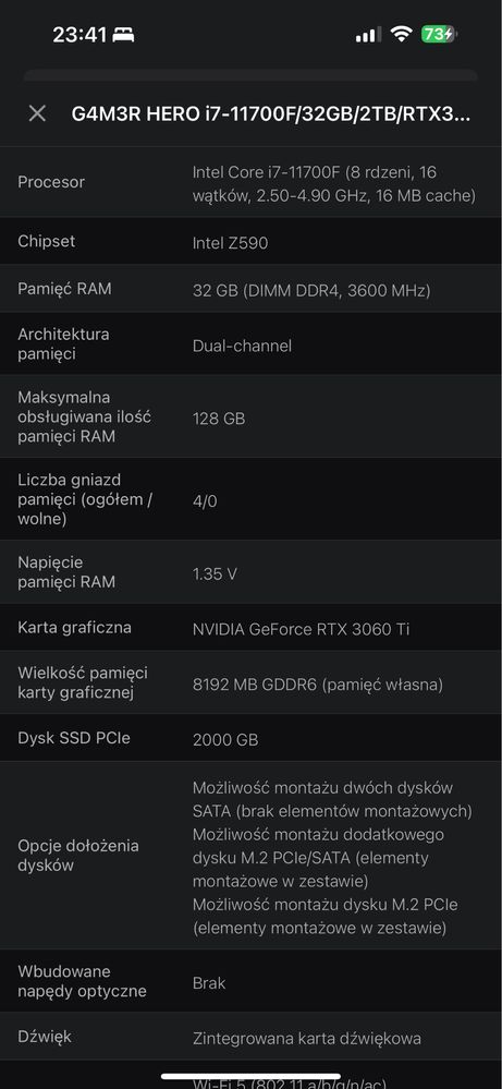 Komputer G4M3R HERO – i7-11700F / RTX 3060 Ti / 32 GB RAM / 2 TB SSD