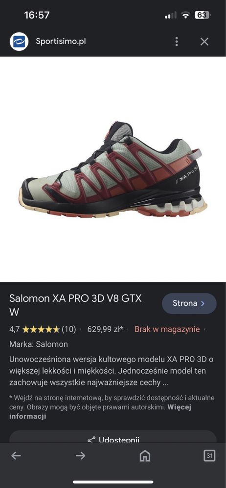 Buty damskie Salomon XA PRO 3D V8 GTX roz. 40 2/3, wkladka 25,5-26