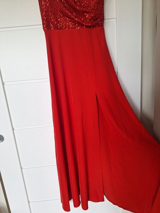 Długa, elegancka czerwona sukienka 36, cekiny ślub, wesele, maxi