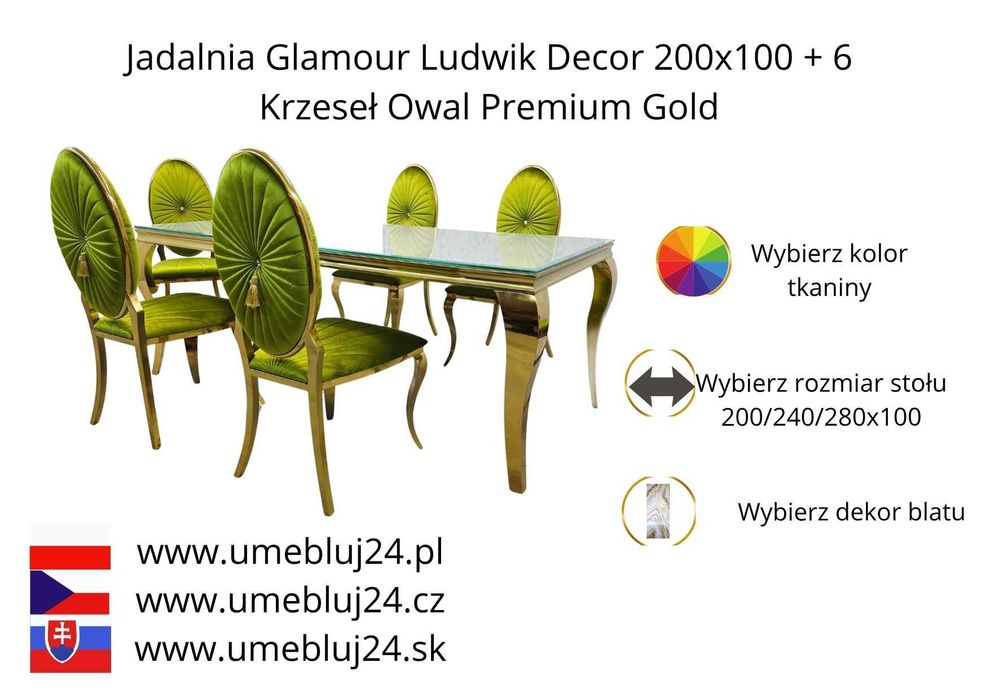 Jadalnia Glamour Ludwik Decor 200x100 + 6 Krzeseł Owal Premium Gold