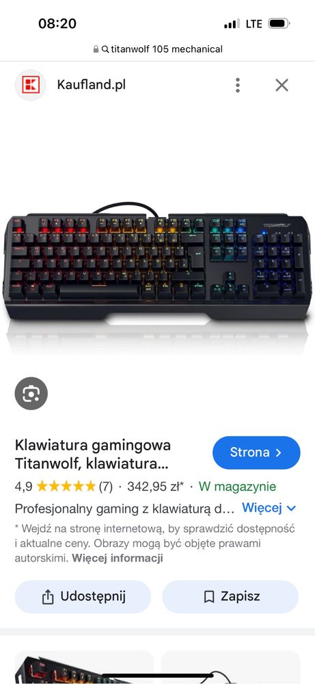 Prawie nowa klawiatura mechaniczna gamingowa Titanwolf