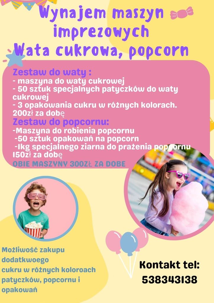 Wynajem maszyny do waty cukrowej i popcornu