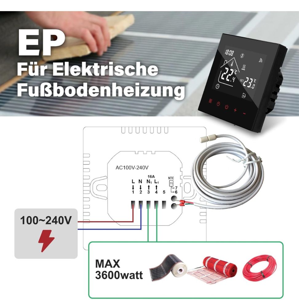 Termostat Beok TDR89B-WIFI-EP do elektrycznego ogrzewania podłogowego