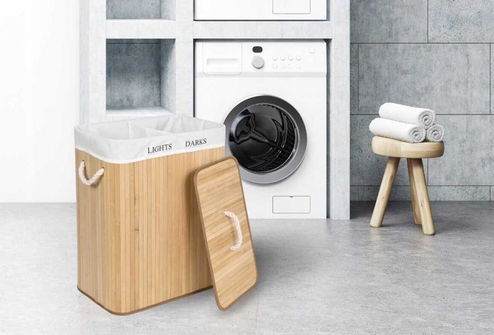 Kosz bambusowy na pranie dwie komory 100 l pojemności Przykrywka