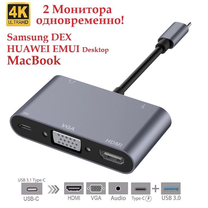 2 монитора! Адаптер 5в1 Type-C to HDMI, VGA, 3.5mm, USB 3.0, Charging