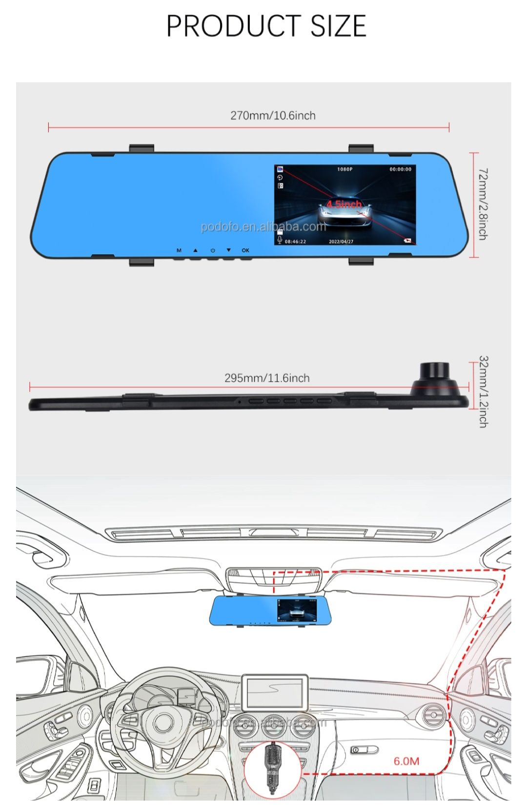 Câmara dash cam espelho retrovisor dupla gravação frontal e traseira