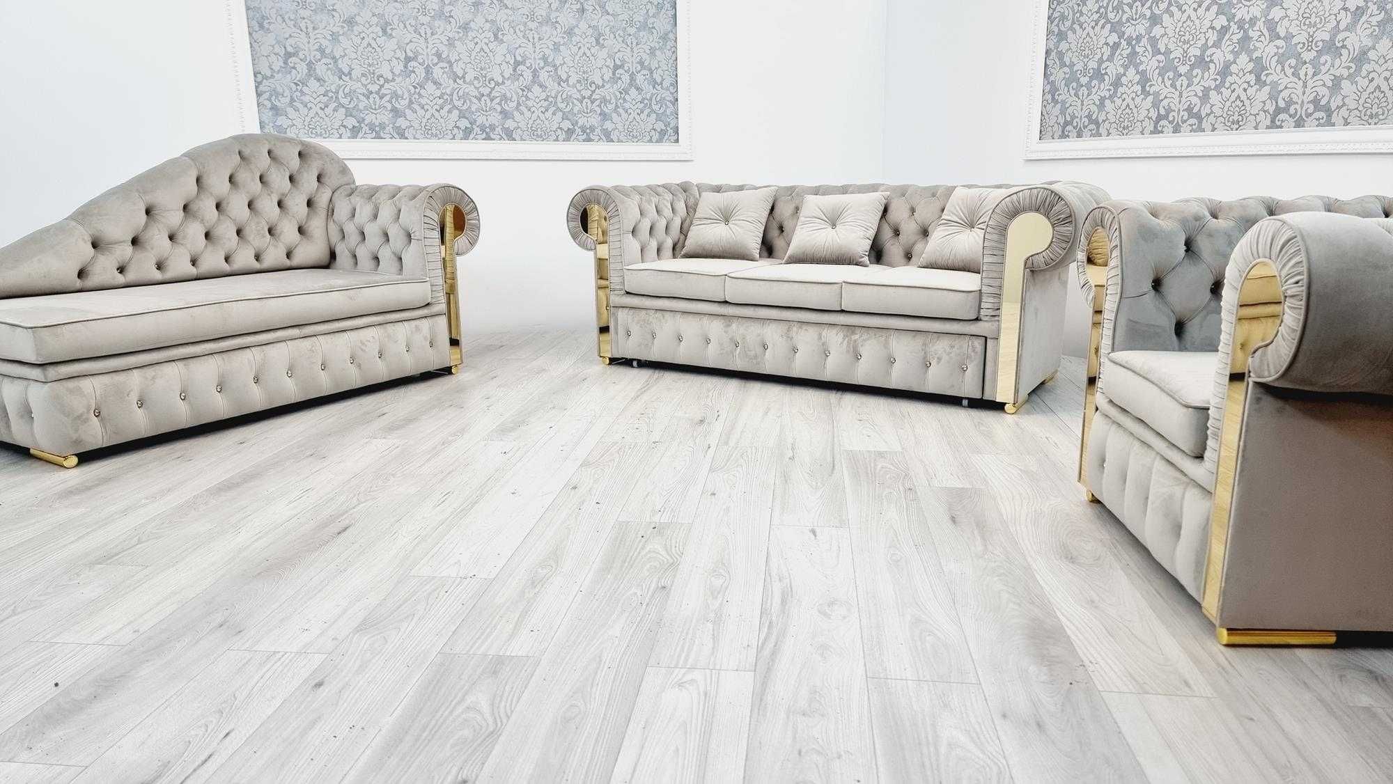 Zestaw pikowany chesterfield GLAMOUR 3os. + Szezlong + fotel PRODUCENT