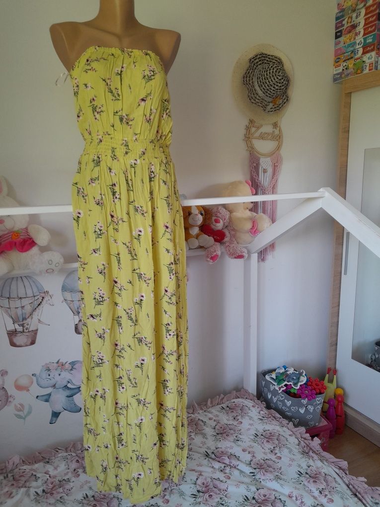 Długa maxi sukienka M L 38 40 żółta w kwiaty beż ramiączek