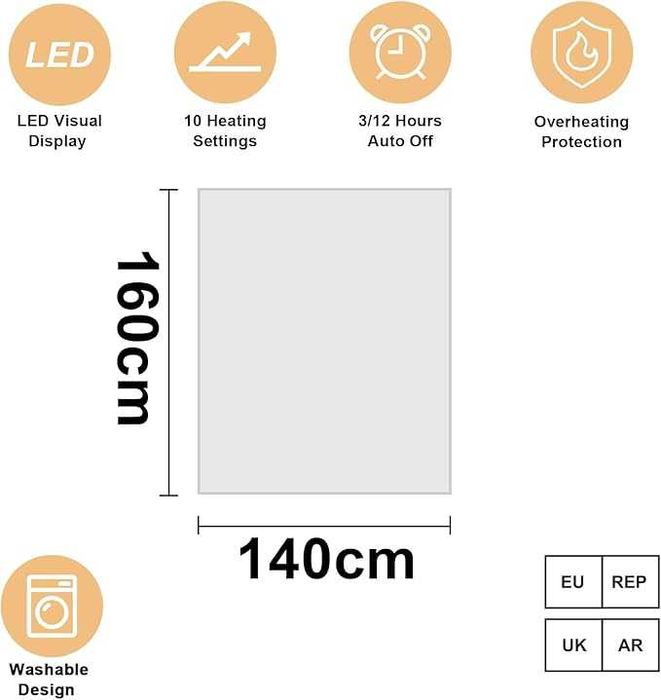 Elektryczna Koc-Mata 160x140 cm,10 Poziomów,Automatyczne Wyłączanie