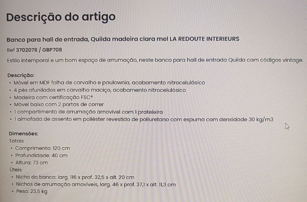 Banco para hall de entrada , Quilda