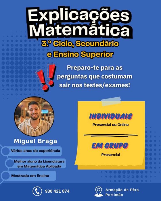 Explicações Matemática - Online/Presencial, 3°Ciclo ao Ensino Superior