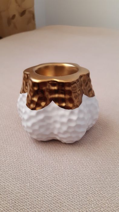 Castiçal Decorativo Cerâmica Branco/Ouro