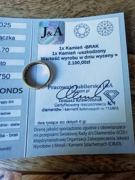 Obrączka, złoto 18k, brylanty, certyfikat, wycena.