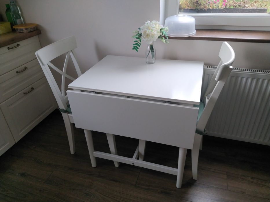 INGATORP Stół z opuszczanym blatem, biały + kreszla 2 szt, Ikea
