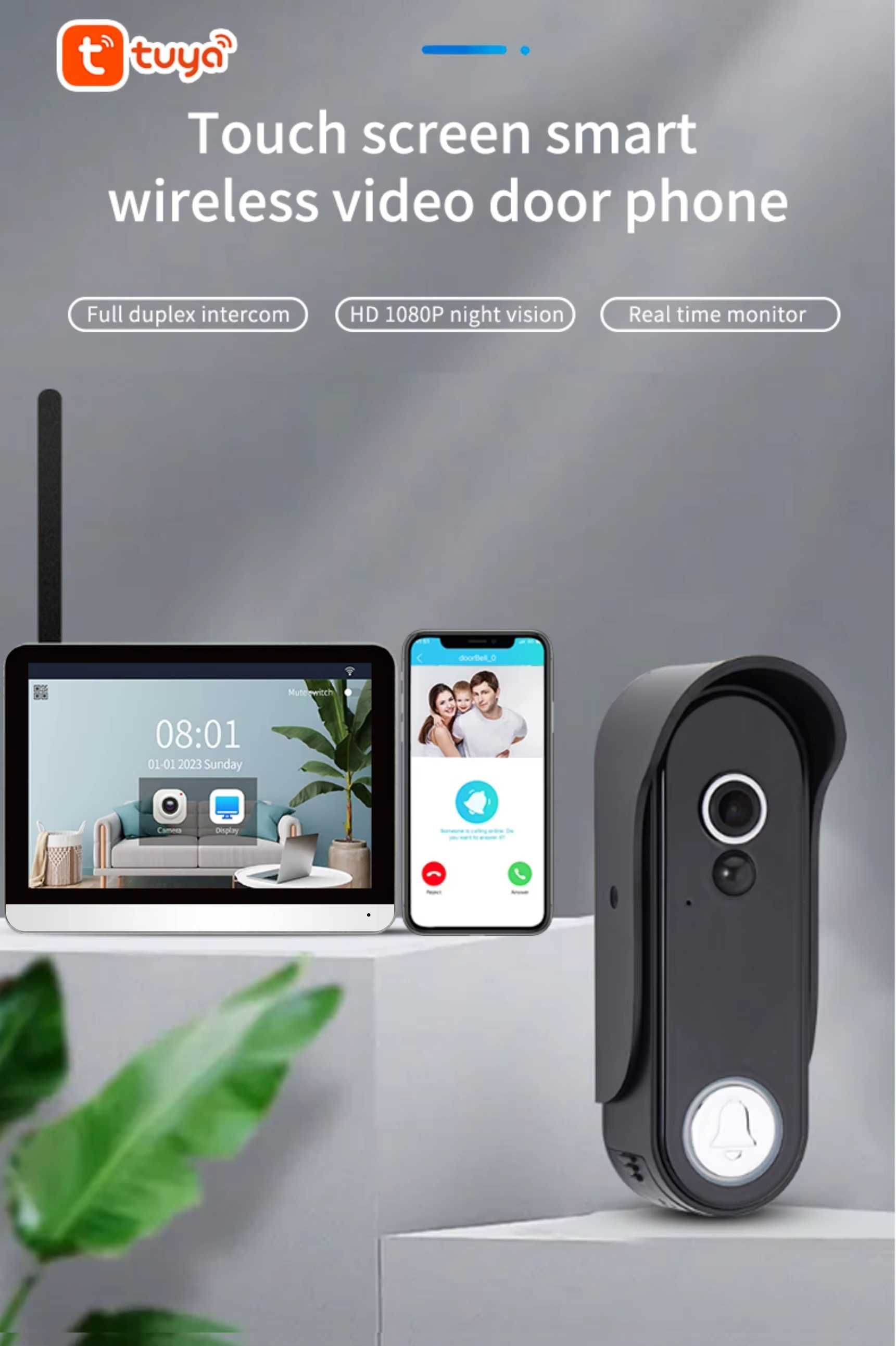 Domofon TUYA , WiFi 7cali całkowicie bezprzewodowy z aplikacją SMART