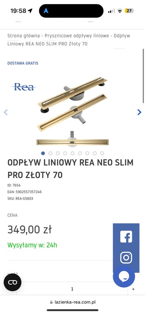 Odplyw liniowy REA Neo Pure Slim Gold 70 cm