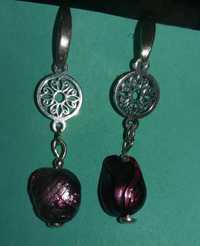 kolczyki bigle+baranki sztyfty purpurowa perła naturalna srebro 925