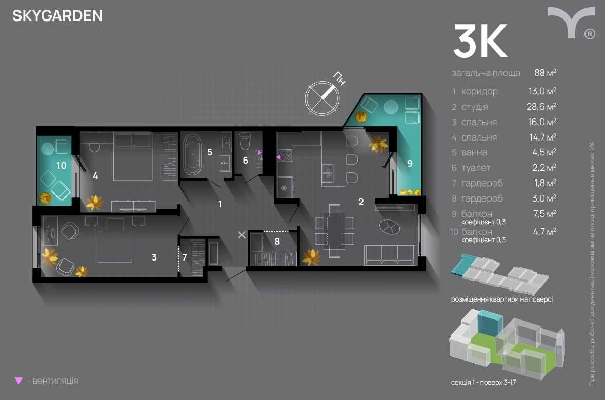 Готова 3 кімнатна у розтермінування 30 місяців благо скайгарден центр