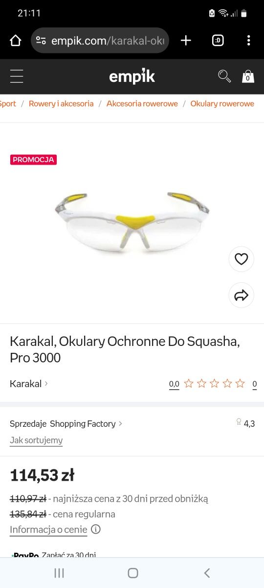 Okulary Karakal pro 3000 , okulary ochronne do squasha