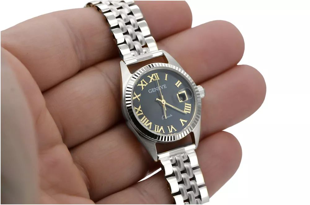 Zegarek damski z białego złota 14k czarną tarczą lw020wdbc&lbw008w Wr