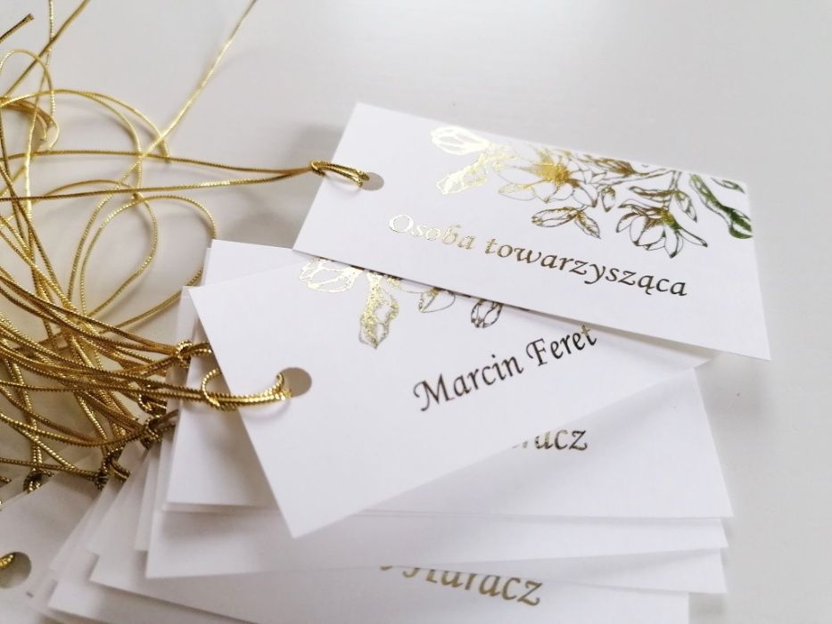 Winietki na stół weselny ZŁOTA MAGNOLIA przewiązywane